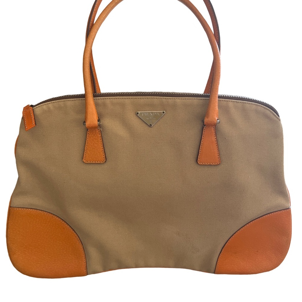 Prada Tan and Orange Shoulder Bag with Leather Accents